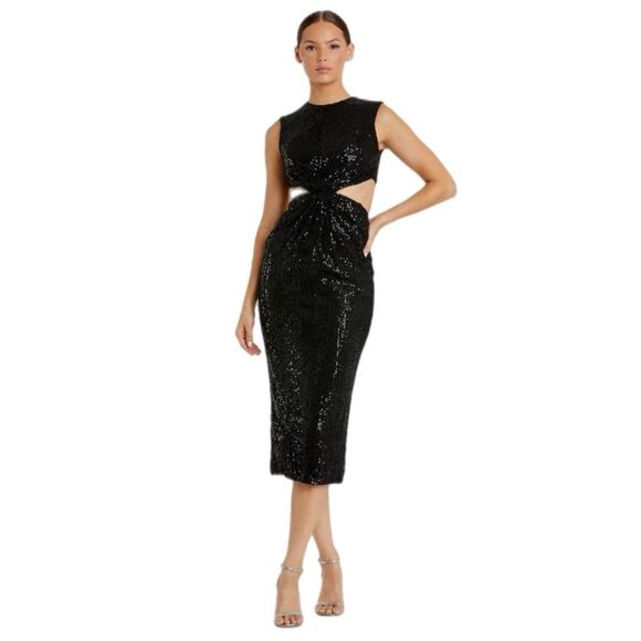 NWT Ieena for Mac Duggal NEW Sleeveless Black Sequin Midi Cutout Dress, style nu - Picture 2 of 11